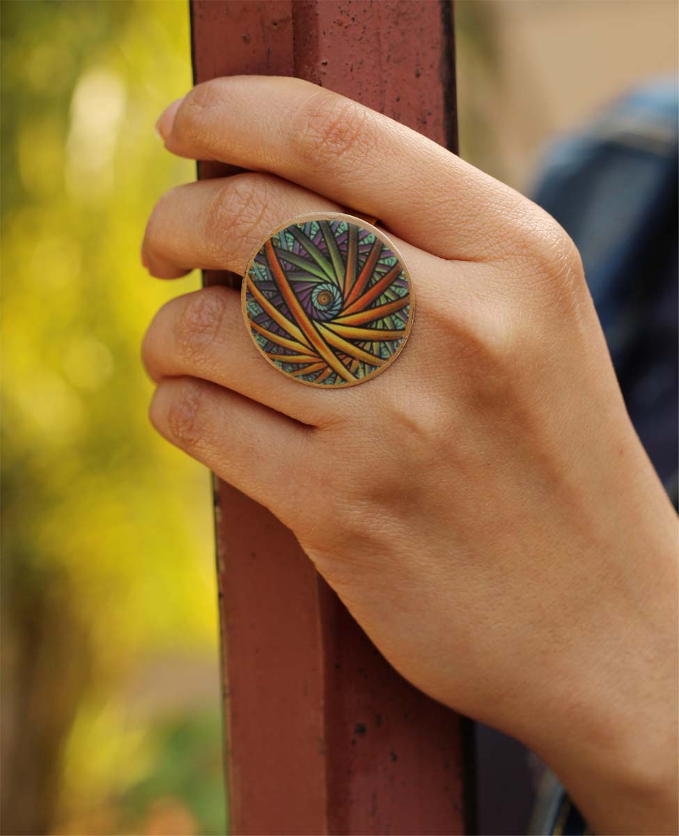 Round Brass Statement Ring with Colorful Abstract Pattern - Resizable - Women Accessories / Gifts for Her - Buy in Bulk Wholesale